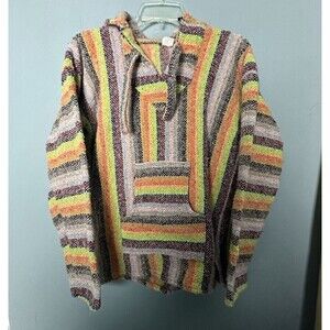 Mexican Poncho Rug Baja Jacket Hoodie Pullover Surfer Stripes Skater Medium